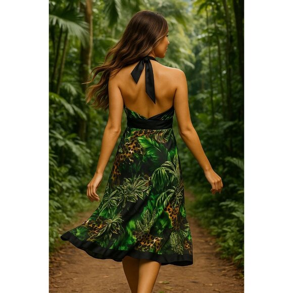 Cache Size Medium Green Jungle Print Silk Halter Dress Tropical Chic Resort Core - Picture 4 of 15